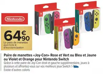 Carrefour Nintendo paire de manettes joy-con rose et vert ou bleu et jaune ou violet et orange pour nintendo switch offre