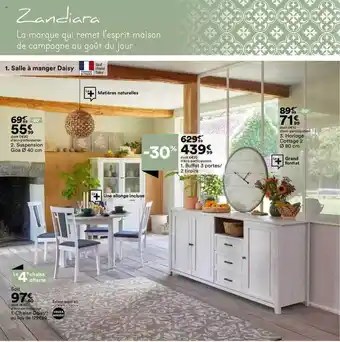 BUT Suspension goa ø 40 cm, buffet 3 portes-2 tiroirs, horloge cottage 2 ø 80 cm, chaise daisy zandiara offre