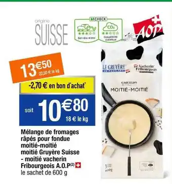 Migros Mélange de fromages râpés pour fondue moitié-moitié moitié gruyère suisse - moitié vacherin fribourgeois a.o.p. offre