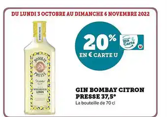 Super U Gin bombay citron pressé 37,5° offre