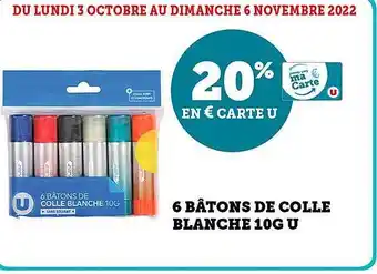 Super U 6 bâtons de colle blanche 10 g u offre