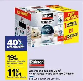 Carrefour Market Absorbeur d'humidité 20 m² + 4 recharges neutre aéro 360°c rubson offre