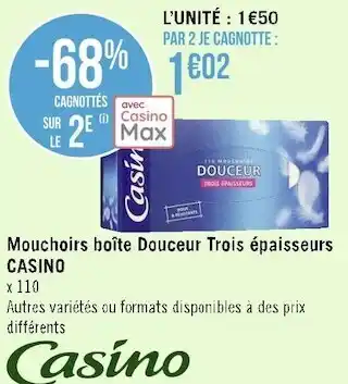 Géant Casino Casino mouchoirs boîte douceur trois épaisseurs offre