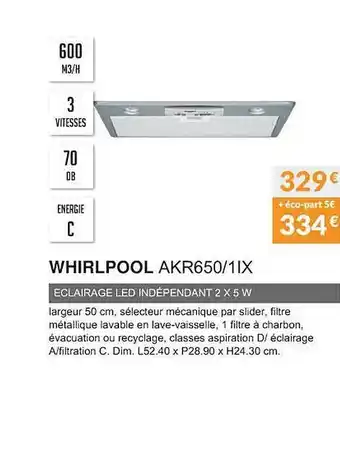 Copra Whirlpool akr650-1ix éclairage led indépendant 2x5 w offre