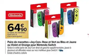 Carrefour Paire de manettes «joy-con» rose et vert ou bleu et jaune ou violet et orange pour nintendo switch offre