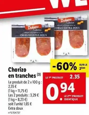 Lidl Chorizo en tranches dulano offre