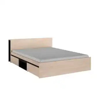 BUT Lit 140x190 cm avec 2 tiroirs et tête de lit avec rangements lodge imitation chêne et noir offre