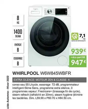 Copra Whirlpool w6w845wbfr extra silence : moteur zen & classe a offre