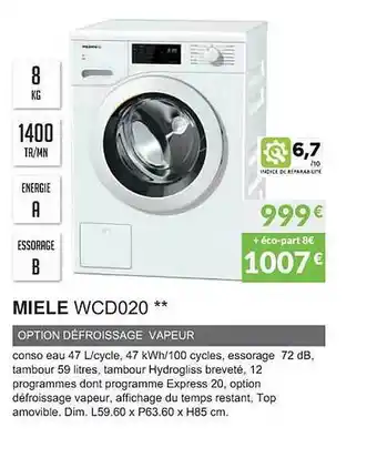 Copra Miele wcd020 option défroissage vapeur offre