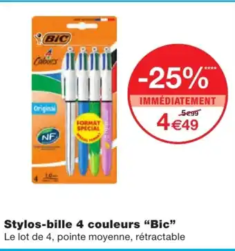 Monoprix Stylos-bille 4 couleurs "Bic" offre