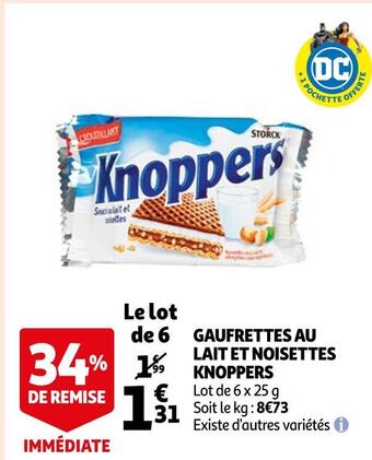 Auchan Knoppers gaufrettes au lait et noisettes offre
