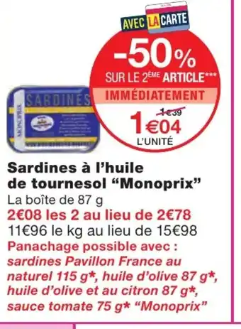Monoprix Sardines à l'huile de tournesol "monoprix" offre