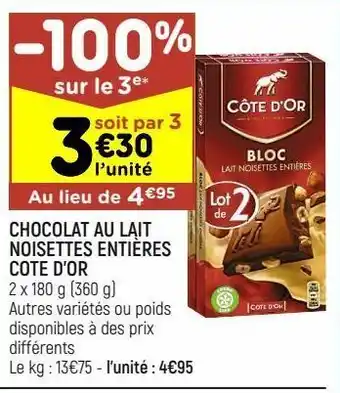 Leader Price Chocolat au lait noisettes entieres côte d'or offre