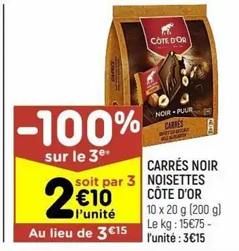 Leader Price Carrés noir noisettes côte d'or offre
