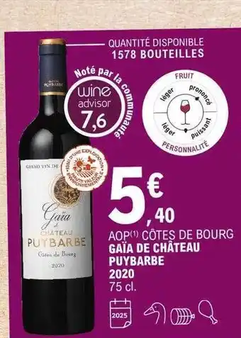 E.Leclerc Aop côtes de bourg gaïa de château puybarbe 2020 offre
