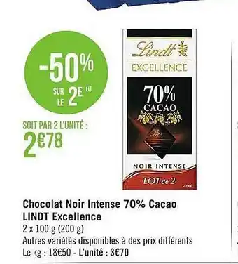 Casino Supermarchés Chocolat noir intense 70% cacao lindt excellence offre