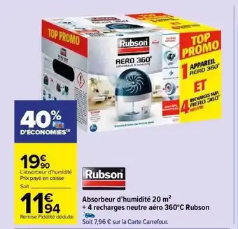 Carrefour Market Absorbeur d'humidié 20 m² + 4 recharges neutre aéro 360°c rubson offre