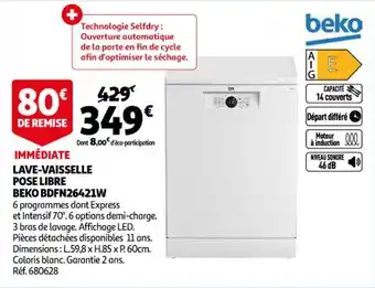 Auchan Lave-vaisselle pose libre beko BDFN26421W offre