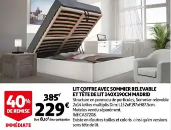 Auchan Lit coffre avec sommier relevable et tête de lit 140x190cm madrid offre