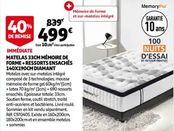 Auchan Matelas 33cm mémoire de forme + ressorts ensachés 140x190cm diamant offre