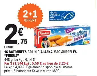 E.Leclerc 16 Bâtonnets colin d'alaska msc surgelés "findus" offre