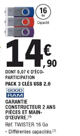 E.Leclerc Pack 3 clés 2.0 offre