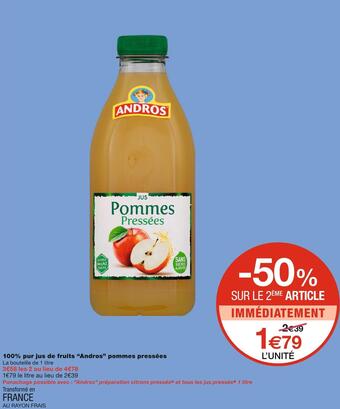 Monoprix Andros 100% pur jus de fruits pommes pressées offre