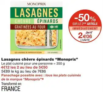 Monoprix Monoprix lasagnes chèvre épinards offre