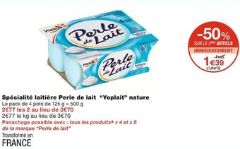 Monoprix Yoplait spécialité laitière perle de lait nature offre