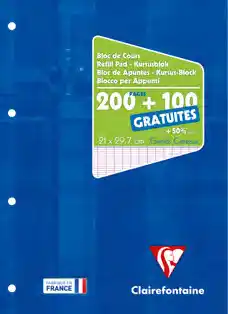 Bureau Vallée BLOC DE COURS DE 300 PAGES DONT 100 GRATUITES FORMAT A4 - FEUILLES PERFORÉES DÉTACHABLES offre
