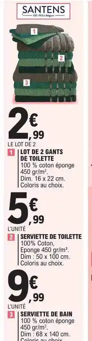 E.Leclerc Lot de 2 gants de toilette, serviette de toilette, serviette de bain santens offre