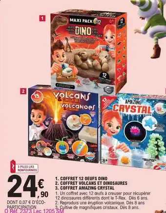 E.Leclerc Coffret 12 oeufs dino, coffret volcans et dinosaures, coffret amazing crystal offre