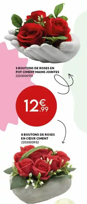 3 boutons de roses en pot ciment mains jointes, 8 boutons de roses en coeur ciment