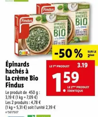 Lidl Épinards hachés bio à la crème Bio Findus offre