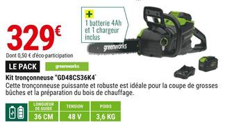 Gamm vert Greenworks kit tronçonneuse gd48cs36k4 offre
