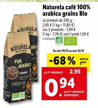 Lidl Naturela Café 100% Arabica Grains BIO offre