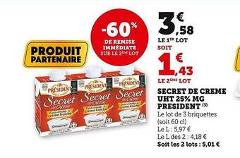 U Express Secret de crème uht 25% mg président offre