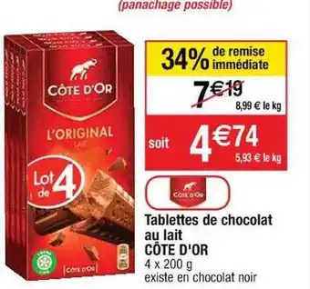 Cora x Carrefour Tablettes de chocolat au lait côte d'or offre