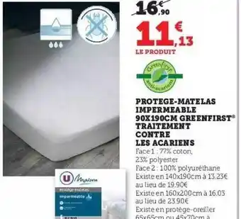 Hyper U Protège-matelas imperméable 90x190 cm green first traitement contre les acariens u maison offre