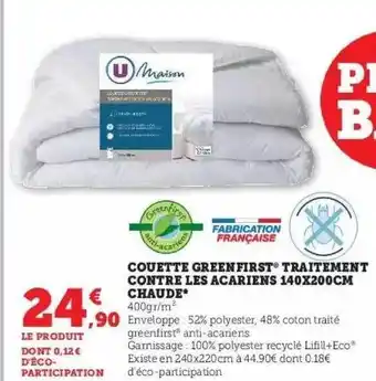 Hyper U Couette green first traitement contre les acariens 140x200 cm chaude u maison offre