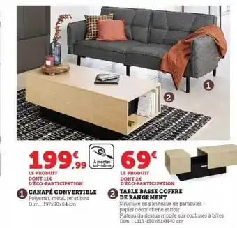 Hyper U Canapé convertible, table basse coffre de rangement offre