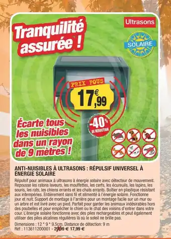 Outiror Anti-Nursibles A Ultrasons : Répulsif Universel A Energie Solaire offre