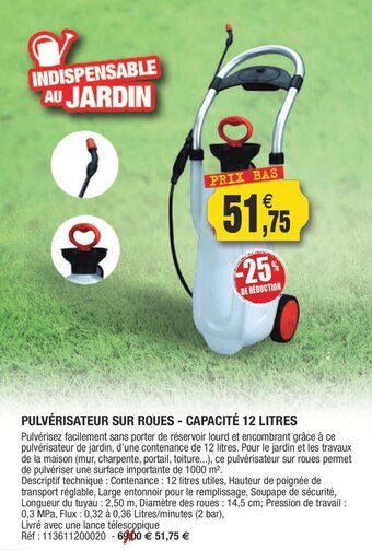 Outiror Pulvérisateur Sur Roues - Capacité offre