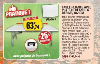 Outiror Table Pliante Avec Plateau Blanc En Resine, 182 cm offre