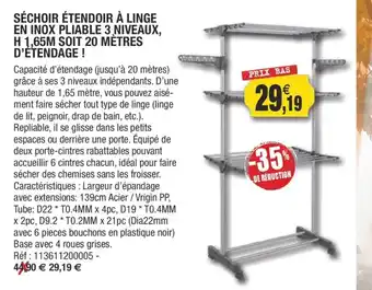 Outiror Séchoir étendoir a Linge En Inox Pliable 3 Niveaux, H 1,65M Sot 20 Metres D'Etendage offre