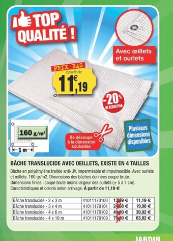 Outiror Bache Translucide Avec Oeillets , Existe En 4 Tailles offre