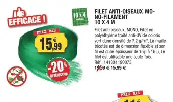 Filet Anti-OIseaux Mo- No- Filament 10 x 4 m