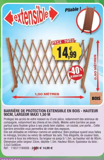 Outiror Barriére De Protection Extensible En Bois - Hauteur 90 cm Largeur maxi 1,50 m offre