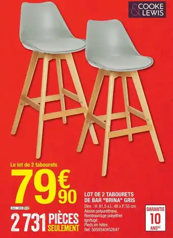 Brico Dépôt Lot de 2 Tabourets de Bar Brina Gris offre