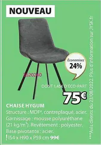 JYSK Chaise hygum offre